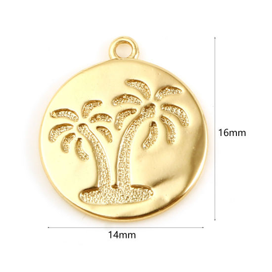 Picture of Brass Charms Round 18K Real Gold Plated Coconut Palm Tree 16mm x 14mm, 1 Piece