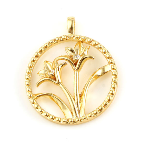 Bild von Messing Charms Rund 18K Echtgold plattiert Blumen Transparent Strass 23mm x 19mm, 1 Stück