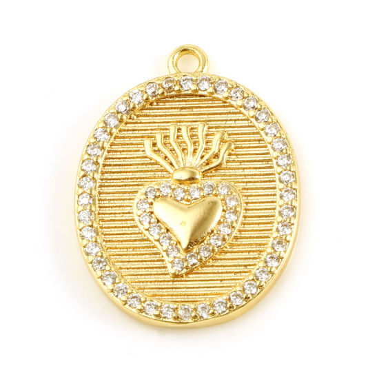 Bild von Messing Valentinstag Charms Oval 18K Echtgold plattiert Herz Micro Pave Transparent Strass 23mm x 18mm, 1 Stück