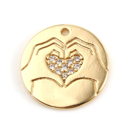 Immagine di Ottone San Valentino Charms Tondo 18K Vero Oro Placcato Cuore Micro Spianare Trasparente Strass 14mm Dia, 1 Pz