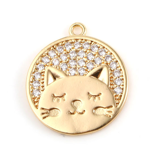 Picture of Brass Micro Pave Charms Round Disc 18K Real Gold Plated Cat Clear Rhinestone 18mm x 16mm, 1 Piece