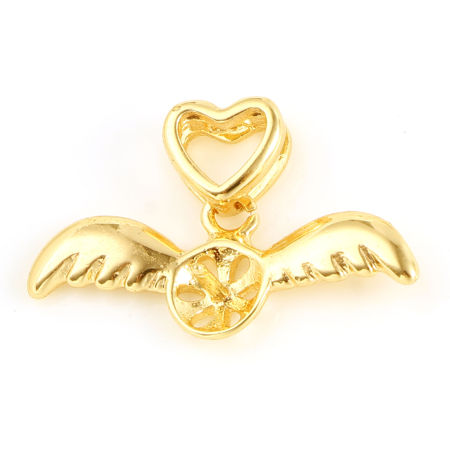 Ottone San Valentino Connettore Ciondolo Perla Bail Pin Cap 18K Vero Oro Placcato Ali Cuore Spessore dell'ago: 7mm, 19mm x 11mm, 1 Pz
