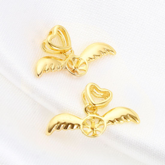 Изображение Латунь День святого Валентина Шкентеля Перлы Разъем Бейл Pin Кубок Cap 18K настоящее золото с покрытием Крыло Сердце Толщина иглы: 7мм, 19мм x 11мм, 1 ШТ