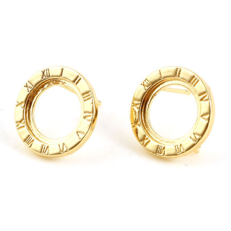 Picture of 2 PCs Brass Ear Post Stud Earrings 18K Real Gold Plated Circle Ring Roman Numerals With Loop 15mm Dia., Post/ Wire Size: 0.7mm(21 gauge)