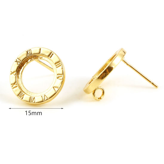 Image de Boucles d'Oreilles Puces en Laiton Plaqué Or Véritable 18K Rond Chiffres Romains avec Boucle 15mm Dia., Epaisseur de Fil: (21 gauge), 2 Pcs