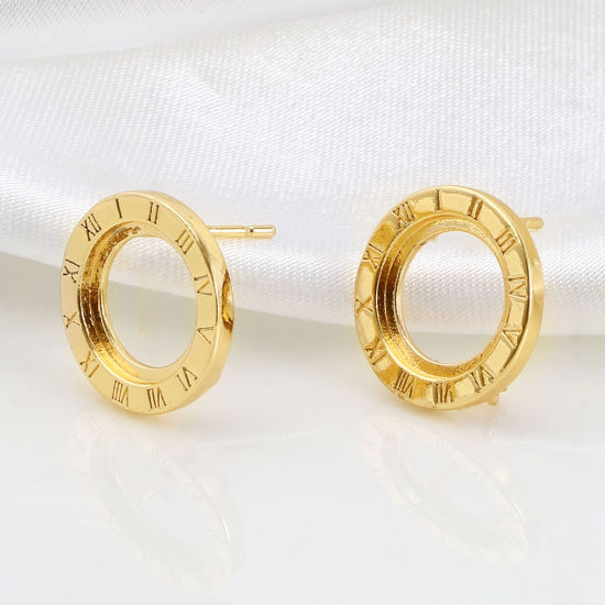 Image de Boucles d'Oreilles Puces en Laiton Plaqué Or Véritable 18K Rond Chiffres Romains avec Boucle 15mm Dia., Epaisseur de Fil: (21 gauge), 2 Pcs