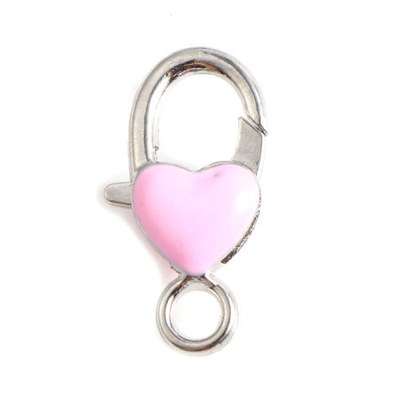 Bild von Zinklegierung Karabinerverschluss Herz Silberfarbe Rosa Emaille 27mm x 14mm, 10 Stück