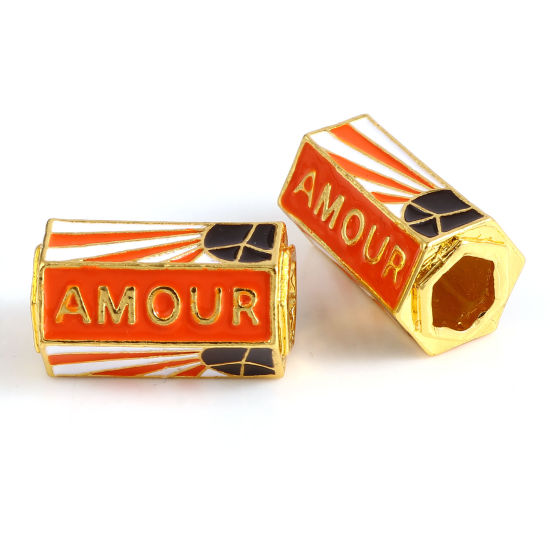 Immagine di Lega di Zinco Religione Perline Oro Placcato Bianco & Arancione Prisma Esagonale Geometria Lettere " Amour " Smalto 22mm x 13mm, Foro:Circa 6.7mm, 1 Pz
