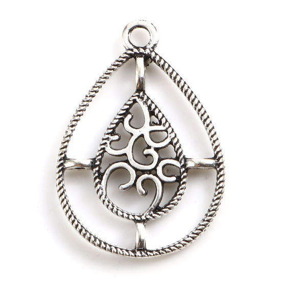 Bild von Zinklegierung Anhänger Tropfen Antiksilber Filigran 31mm x 22mm, 10 Stück