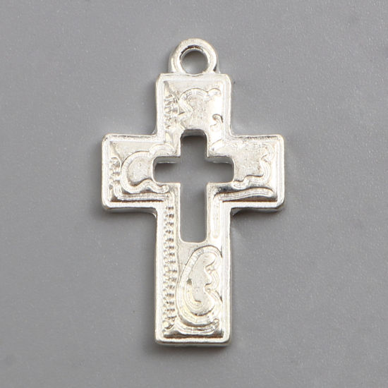 Picture of Zinc Based Alloy Religious Charms Cross Silver Plated Carved Pattern 24mm x 14mm, 20 PCs