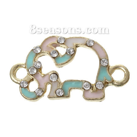 Zinc Metal Alloy Connectors Findings Elephant Animal Light Golden Clear Rhinestone Mint Green & Light Pink Enamel 20mm x 11mm, 5 PCs