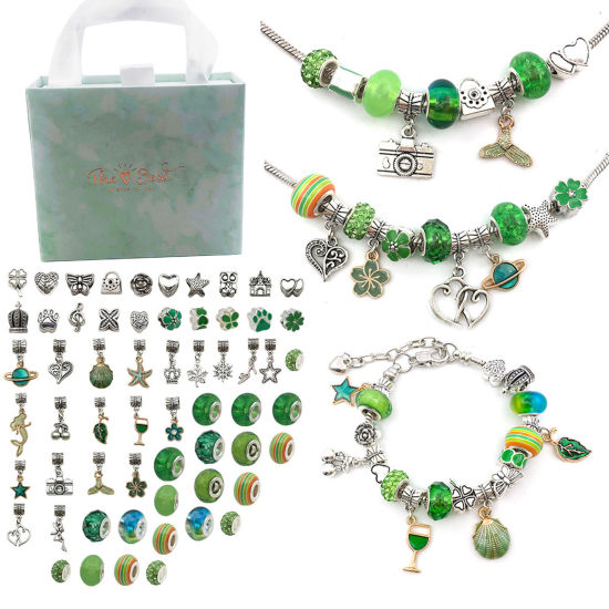 Image de Kit de Fabrication de Bijoux DIY Bracelet à Breloques pour Adolescentes Accessoires de Bricolage Artisanal Bracelets en Alliage de Zinc Vert 14cm x 12cm, 1 Kit
