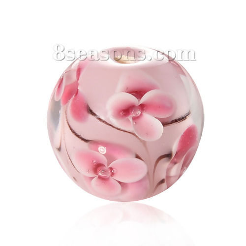 Picture of (Handmade) Lampwork Glass Loose Beads Round Pink Flower Pattern Transparent About 16mm Dia, Hole: Approx 2.3mm-2.7mm, 1 Piece