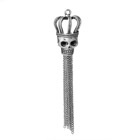 Picture of Zinc Based Alloy Pendants Tassel Antique Silver Color (Can Hold ss16 Rhinestone) Halloween Skull Cross Carved Hollow 9.5cm x2.1cm(3 6/8" x 7/8") - 8.7cm x2.1cm(3 3/8" x 7/8"), 2 PCs