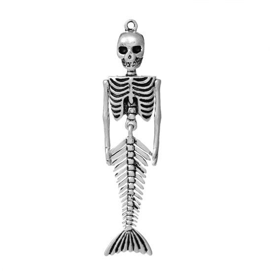 Picture of Zinc Metal Alloy Pendants Skull Mermaid Skeleton Antique Silver Color Halloween Skull Carved 73mm(2 7/8") x 18mm( 6/8"), 3 PCs
