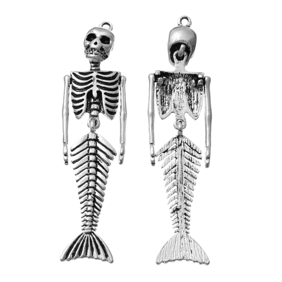 Picture of Zinc Metal Alloy Pendants Skull Mermaid Skeleton Antique Silver Color Halloween Skull Carved 73mm(2 7/8") x 18mm( 6/8"), 3 PCs