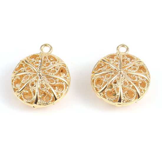 Изображение Латунь Подвески Круглые 18K настоящее золото с покрытием Ажурный Цветок 23мм x 19мм, 2 ШТ