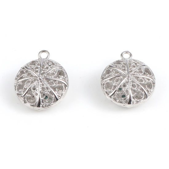Изображение Латунь Подвески Круглые 18K Настоящее платиновое покрытие Ажурный Цветок 23мм x 19мм, 2 ШТ