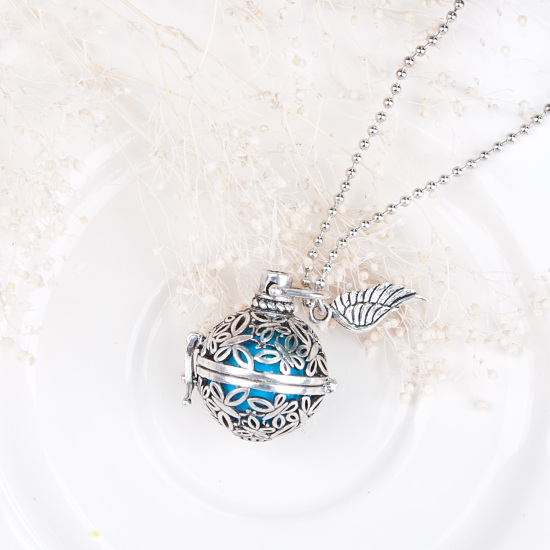 Picture of New Fashion Necklace Ball Chain Antique Silver Color Mexican Angel Caller Bola Wish Box Pendant Wing Butterfly Hollow With Copper Blue Harmony Chime Ball 53.7cm(21 1/8") long, 1 Piece