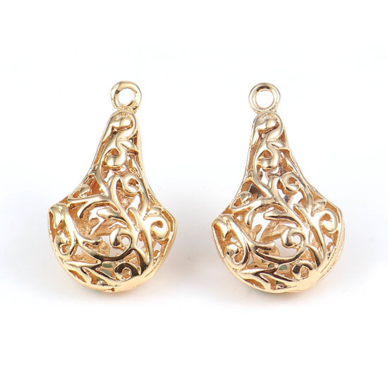 Image de Breloques en Laiton Eventail Plaqué Or Véritable 18K Fleurs Creuses 23mm x 14mm, 2 Pcs