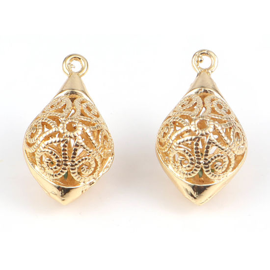 Picture of Brass Charms Marquise 18K Real Gold Plated Filigree 23mm x 13mm, 2 PCs