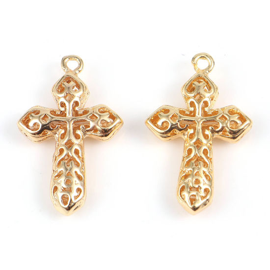 Picture of Brass Religious Charms Cross 18K Real Gold Plated Filigree 23mm x 14mm, 2 PCs