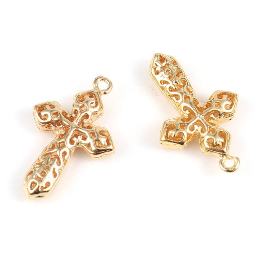 Picture of Brass Religious Charms Cross 18K Real Gold Plated Filigree 23mm x 14mm, 2 PCs