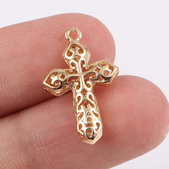 Picture of Brass Religious Charms Cross 18K Real Gold Plated Filigree 23mm x 14mm, 2 PCs