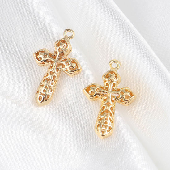 Picture of Brass Religious Charms Cross 18K Real Gold Plated Filigree 23mm x 14mm, 2 PCs