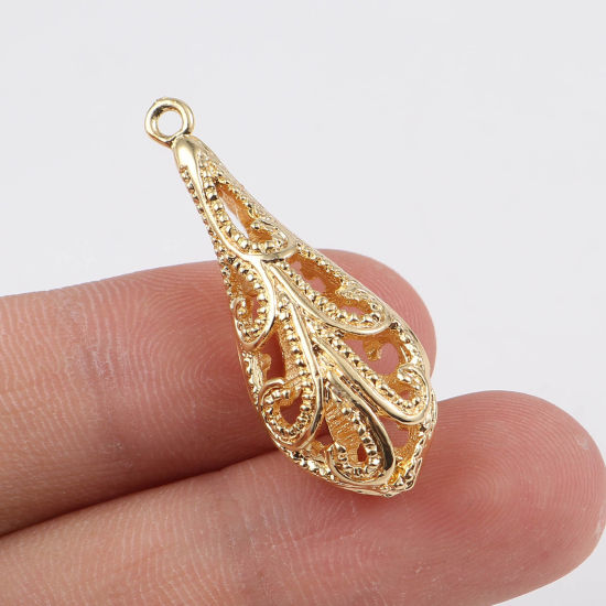 Picture of Brass Pendants Drop 18K Real Gold Plated Filigree 34mm x 13mm, 2 PCs