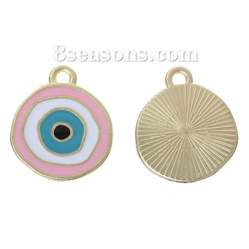 Immagine di Lega di Zinco Charm Ciondoli Tondo Oro Chiaro Multicolore Malocchio Scolpito Smalto 24mm x20mm(1" x 6/8") - 23mm x19mm( 7/8" x 6/8") , 5 Pz