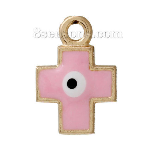 Immagine di Lega di Zinco Charm Ciondoli Croce Rose Gold Rosa Malocchio Scolpito Smalto 19mm x 13mm , 10 Pz
