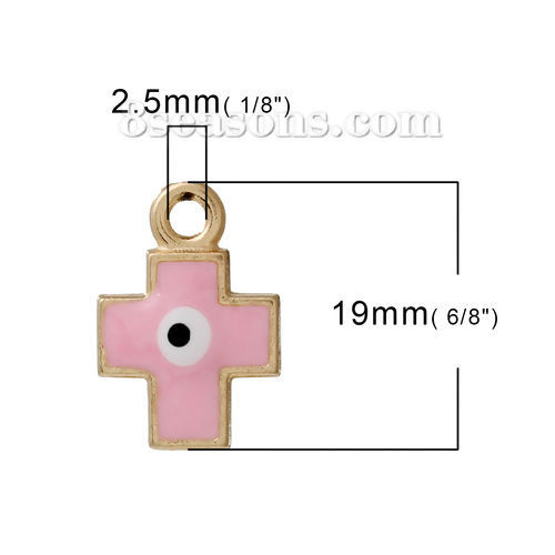Immagine di Lega di Zinco Charm Ciondoli Croce Rose Gold Rosa Malocchio Scolpito Smalto 19mm x 13mm , 10 Pz