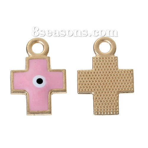 Immagine di Lega di Zinco Charm Ciondoli Croce Rose Gold Rosa Malocchio Scolpito Smalto 19mm x 13mm , 10 Pz