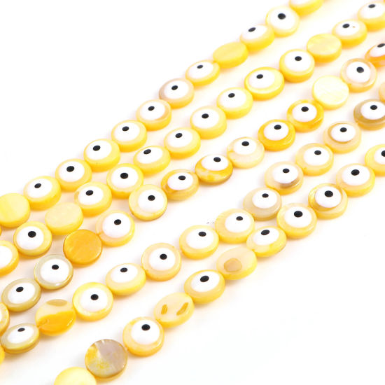 Изображение Бусины из Раковины, Круглые, Желтый с узором “ Злой Глаз ” , С Эмалью 8мм диаметр, 0.9мм, 38.3cm - 37.8cm длина, 1 Нитка 48 шт / 1 нитка