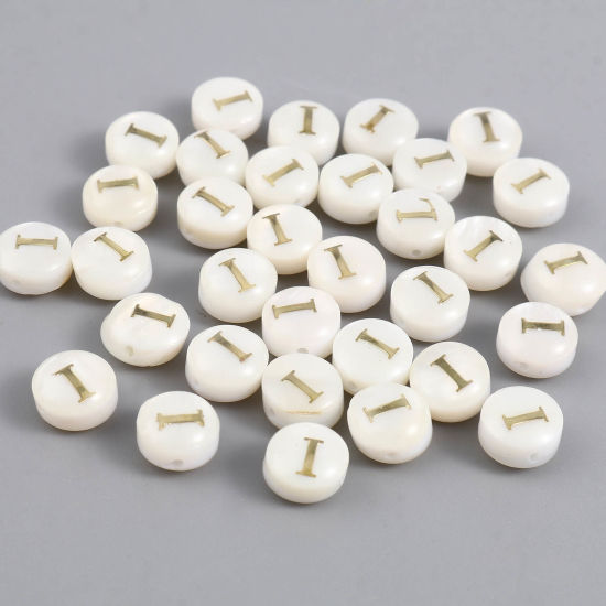 Image de Perles en Coquille Naturelle Plat-Rond Crème Alphabet Initial/ Lettre Majuscule Mots" I " 8mm Dia, Taille de Trou: 1.1mm, 10 Pcs