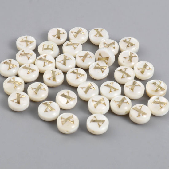 Image de Perles en Coquille Naturelle Plat-Rond Crème Alphabet Initial/ Lettre Majuscule Mots" X " 8mm Dia, Taille de Trou: 1.1mm, 10 Pcs