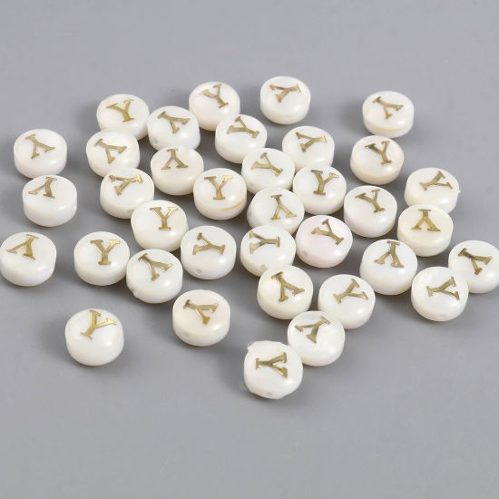 Image de Perles en Coquille Naturelle Plat-Rond Crème Alphabet Initial/ Lettre Majuscule Mots" Y " 8mm Dia, Taille de Trou: 1.1mm, 10 Pcs