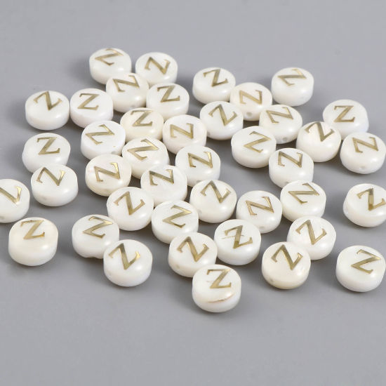 Image de Perles en Coquille Naturelle Plat-Rond Crème Alphabet Initial/ Lettre Majuscule Mots" Z " 8mm Dia, Taille de Trou: 1.1mm, 10 Pcs