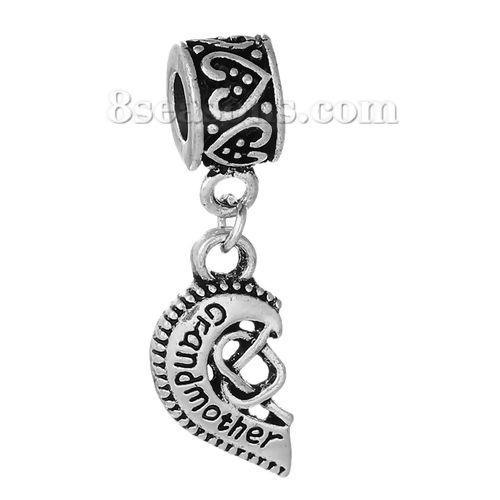Picture of Zinc Metal Alloy European Style Large Hole Charm Dangle Beads Half Broken Heart Antique Silver Color Message " Grandmother " Carved Hollow 35mm x 11mm, 2 PCs