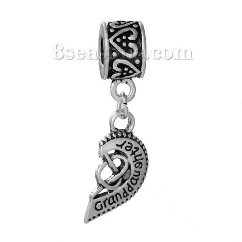 Picture of Zinc Metal Alloy European Style Large Hole Charm Dangle Beads Half Broken Heart Antique Silver Color Message " Granddaughter " Carved Hollow 35mm x 11mm, 2 PCs