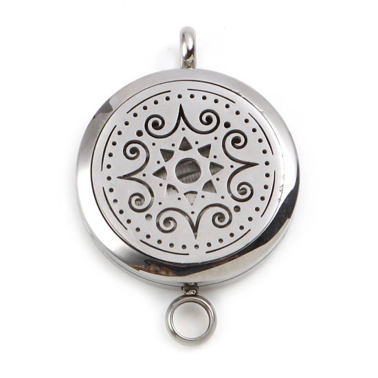 Picture of Stainless Steel Aromatherapy Essential Oil Diffuser Locket Pendants Round Silver Tone Eight Pointed Star Cabochon Settings Can Open 44mm x 30mm, 1 Piece