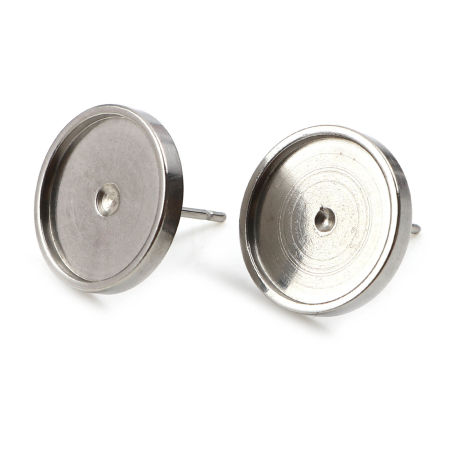 Picture of 304 Stainless Steel Ear Post Stud Earrings Round Silver Tone Cabochon Settings (Fits 12mm Dia.) 14mm Dia., Post/ Wire Size: (20 gauge), 6 PCs