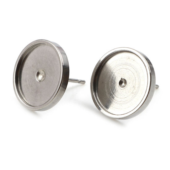 Bild von 304 Stainless Steel Ear Post Stud Earrings Round Silver Tone Cabochon Settings (Fits 12mm Dia.) 14mm Dia., Post/ Wire Size: (20 gauge), 6 PCs