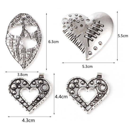 Imagen de Zamak día de San Valentín Colgantes Hoja Plata Antigua Corazón 63mm x 38mm, 5 Unidades