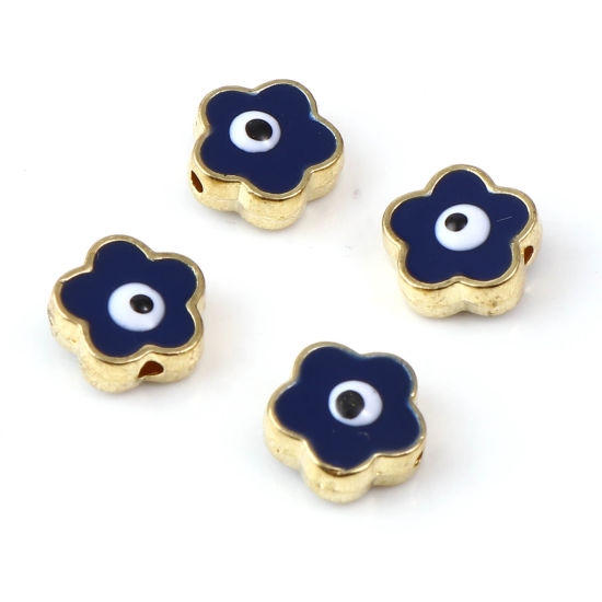 Immagine di Lega di Zinco Religione Perline Fiore Oro Placcato Nero Blu Malocchio Scolpisce Smalto Circa 9mm x 9mm, Foro:Circa 1.3mm, 10 Pz