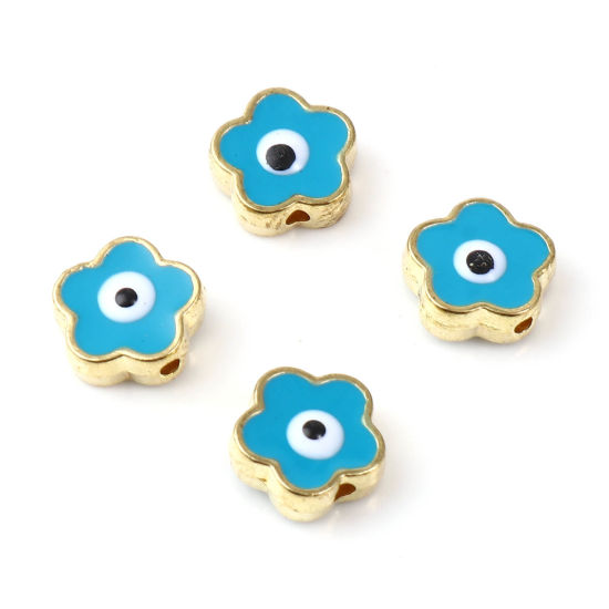 Immagine di Lega di Zinco Religione Perline Fiore Oro Placcato Blu Malocchio Scolpisce Smalto Circa 9mm x 9mm, Foro:Circa 1.3mm, 10 Pz