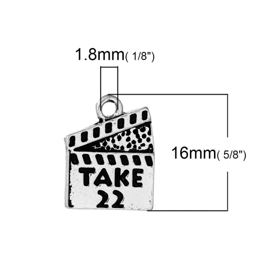 Picture of Zinc Based Alloy Charms Movie Clapper Board Antique Silver Color Message " TAKE 22 " Carved 16mm( 5/8") x 13mm( 4/8"), 10 PCs