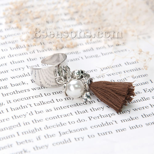 Picture of New Fashion Copper Silver Tone Adjustable Rings With Acrylic Pearl Imitation Bead Skull Cotton Brown Tassel 16.7mm( 5/8") US 6.25, 1 Piece