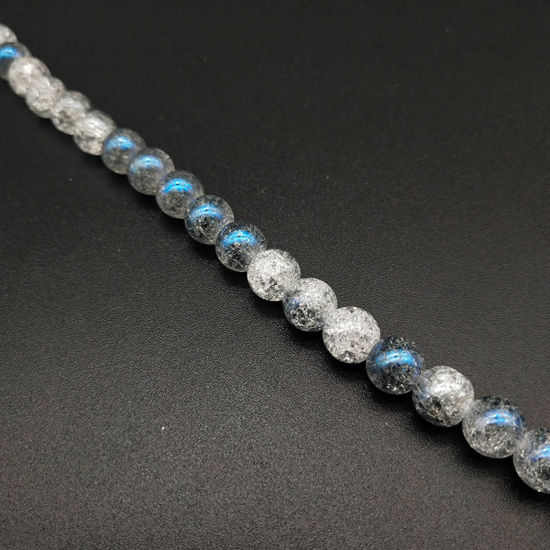 Image de Perles en Verre Rond Blanc & Cyan Motifs Fissurés Placage, Env. 10mm Dia, Trou: 1mm, 39cm - 38cm long, 1 Enfilade (env. 38 Pcs/Enfilade)